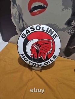 Vintage Rare 11 3/4 in RED INDIAN GAS & OILS SIGN HEAVY DIE CUT METAL PORCELAIN