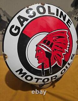 Vintage Rare 11 3/4 in RED INDIAN GAS & OILS SIGN HEAVY DIE CUT METAL PORCELAIN