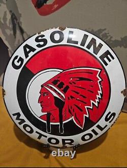 Vintage Rare 11 3/4 in RED INDIAN GAS & OILS SIGN HEAVY DIE CUT METAL PORCELAIN