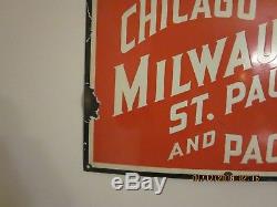 Vintage Rare Authentic Milwaukee Road Porcelain on Steel 3-Color Sign-EC