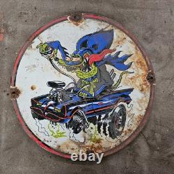 Vintage Rat Fink Mouse Old Us Gasoline Oil Gas Pump Enamel Porcelain Sign