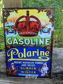 Vintage Red Crown Gasoline & Polarine Porcelain Gas Station Sign 12 X 8