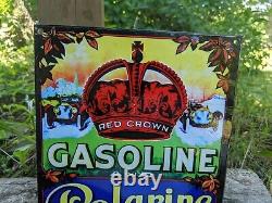 Vintage Red Crown Gasoline & Polarine Porcelain Gas Station Sign 12 X 8