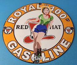 Vintage Red Hat Gasoline Sign Royal 400 Gas Pump Plate Porcelain Sign