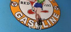 Vintage Red Hat Gasoline Sign Royal 400 Gas Pump Plate Porcelain Sign