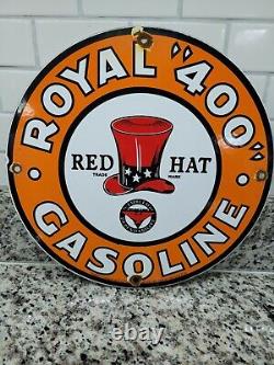 Vintage Red Hat Porcelain Sign Royal 400 Fuel Gas Station Pump Plate Service12