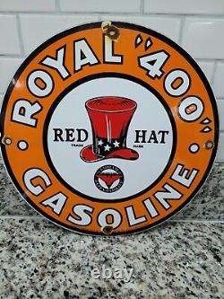 Vintage Red Hat Porcelain Sign Royal 400 Fuel Gas Station Pump Plate Service12