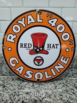 Vintage Red Hat Porcelain Sign Royal 400 Fuel Gas Station Pump Plate Service12