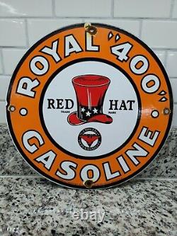 Vintage Red Hat Porcelain Sign Royal 400 Fuel Gas Station Pump Plate Service12