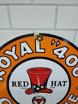 Vintage Red Hat Porcelain Sign Royal 400 Fuel Gas Station Pump Plate Service12
