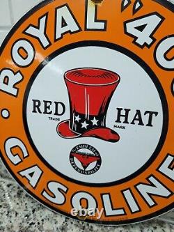 Vintage Red Hat Porcelain Sign Royal 400 Fuel Gas Station Pump Plate Service12