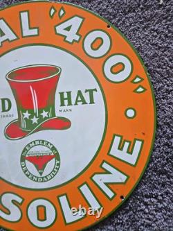 Vintage Red Hat Royal 400 Gasoline Double-sided Porcelain Gas Station Sign 24 Vintage Red Hat Royal 400 Gasoline Double-sided Porcelain Gas Station Sign 24