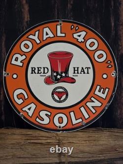 Vintage Red Hat Royal 400 Gasoline Porcelain Gas Pump Sign Oil 12