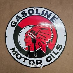 Vintage Red Indian Motor Oils Old Us Gasoline Oil Gas Pump Enamel Porcelain Sign