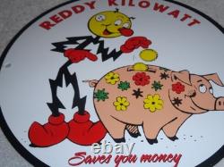 Vintage Reddy Kilowatt Piggy Bank Saves $$ 11 3/4 Porcelain Metal Gasoline Sign