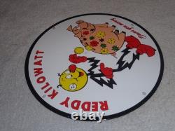 Vintage Reddy Kilowatt Piggy Bank Saves $$ 11 3/4 Porcelain Metal Gasoline Sign