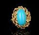 Vintage Retro Signed Estate Natural Persian Turquoise Solid 14k Yellow Gold Ring