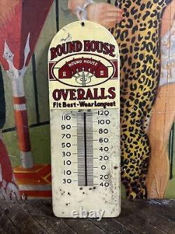 Vintage Round House Overalls Thermometer Sign Railroad Train Barn Farm Gas Oil