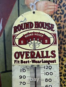 Vintage Round House Overalls Thermometer Sign Railroad Train Barn Farm Gas Oil