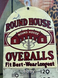 Vintage Round House Overalls Thermometer Sign Railroad Train Barn Farm Gas Oil
