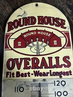 Vintage Round House Overalls Thermometer Sign Railroad Train Barn Farm Gas Oil