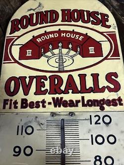 Vintage Round House Overalls Thermometer Sign Railroad Train Barn Farm Gas Oil