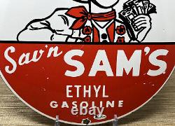 Vintage Sav'n Sam's Ethyl Gasoline Porcelain Sign Gas Station Pump Plate Oil