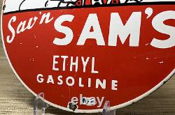 Vintage Sav'n Sam's Ethyl Gasoline Porcelain Sign Gas Station Pump Plate Oil