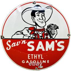 Vintage Sav'n Sam's Gasoline Porcelain Sign Ethyl Gas Station Motor Oil Pump