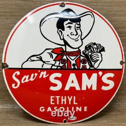 Vintage Sav'n Sam's Gasoline Porcelain Sign Ethyl Gas Station Motor Oil Pump