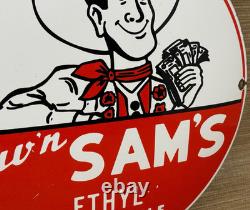 Vintage Sav'n Sam's Gasoline Porcelain Sign Ethyl Gas Station Motor Oil Pump