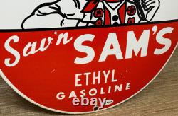 Vintage Sav'n Sam's Gasoline Porcelain Sign Ethyl Gas Station Motor Oil Pump