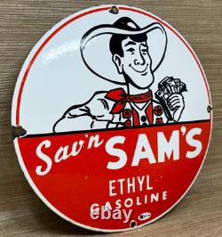 Vintage Sav'n Sam's Gasoline Porcelain Sign Ethyl Gas Station Motor Oil Pump