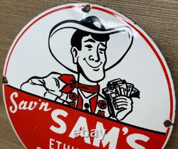 Vintage Sav'n Sam's Gasoline Porcelain Sign Ethyl Gas Station Motor Oil Pump