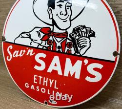 Vintage Sav'n Sam's Gasoline Porcelain Sign Ethyl Gas Station Motor Oil Pump Vintage Sav'n Sam's Gasoline Porcelain Sign Ethyl Gas Station Motor Oil Pump