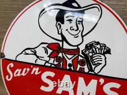 Vintage Sav'n Sam's Gasoline Porcelain Sign Ethyl Gas Station Motor Oil Pump
