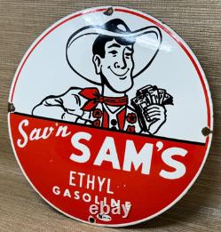 Vintage Sav'n Sam's Gasoline Porcelain Sign Ethyl Gas Station Motor Oil Pump
