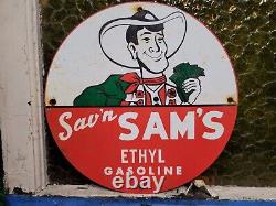 Vintage Sav'n Sams Porcelain Sign Oil Ethyl Gasoline Station Service Pump Plate