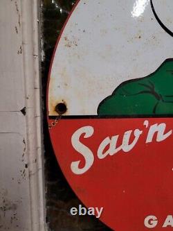 Vintage Sav'n Sams Porcelain Sign Oil Ethyl Gasoline Station Service Pump Plate