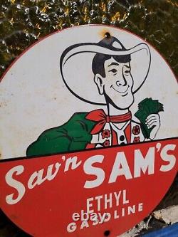 Vintage Sav'n Sams Porcelain Sign Oil Ethyl Gasoline Station Service Pump Plate