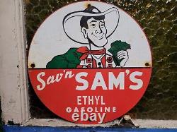 Vintage Sav'n Sams Porcelain Sign Oil Ethyl Gasoline Station Service Pump Plate
