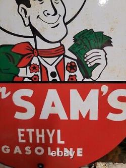 Vintage Sav'n Sams Porcelain Sign Oil Ethyl Gasoline Station Service Pump Plate