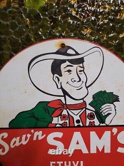 Vintage Sav'n Sams Porcelain Sign Oil Ethyl Gasoline Station Service Pump Plate