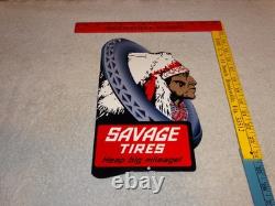 Vintage Savage Tires Heap Big Mileage +indian 12 Enamel Metal Gasoline Oil Sign