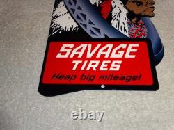 Vintage Savage Tires Heap Big Mileage +indian 12 Enamel Metal Gasoline Oil Sign