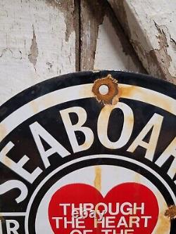 Vintage Seaboard Porcelain Railroad Sign Train Railway Station Gas Advertising