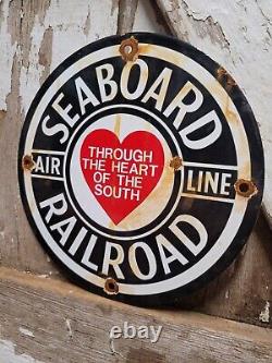 Vintage Seaboard Porcelain Railroad Sign Train Railway Station Gas Advertising