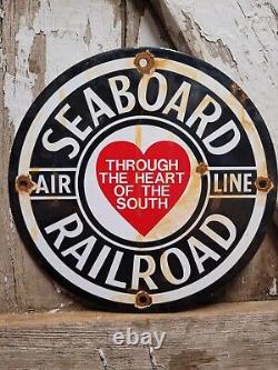 Vintage Seaboard Porcelain Railroad Sign Train Railway Station Gas Advertising