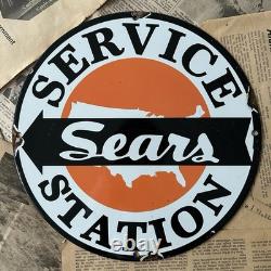 Vintage Sears Service Station Auto Dealer Gas Oil 12 Inch Porcelain Enamel Sign