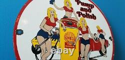 Vintage Shell Gasoline Porcelain Gas Service Pin Up Girl Pump Polish Wash Sign
